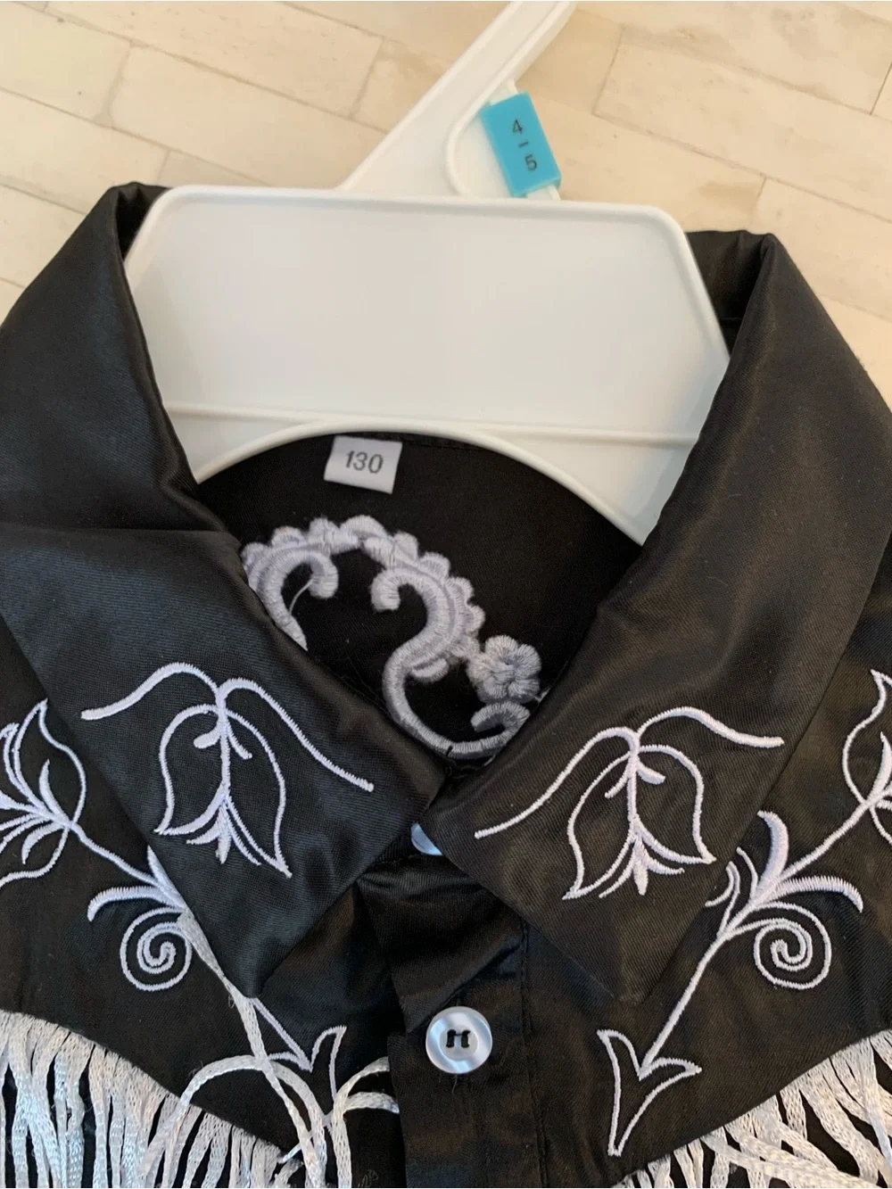 Ken’s Black Western Fringe Button-Up Long Sleeve Shirt with White Embroidery